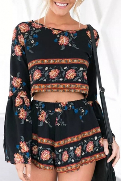 Holiday Floral Printed Round Neck Long Sleeve Hollow Out Back Crop Top with Elastic Waist Loose Shorts Co-ords