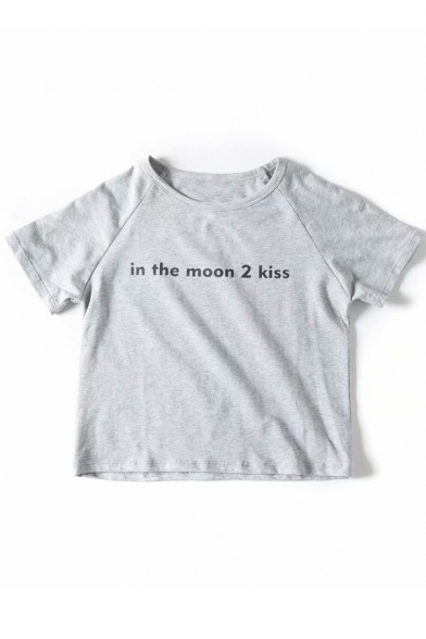 IN THE MOON Letter Printed Round Neck Short Sleeve Crop Tee