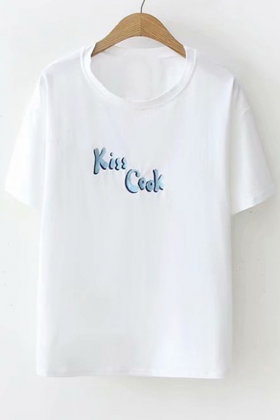 KISS COOK Letter Embroidered Round Neck Short Sleeve Tee