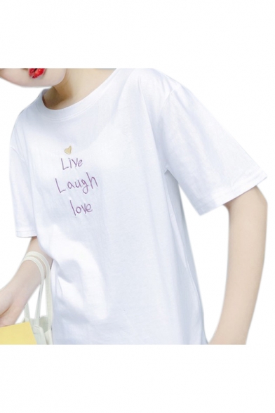 LIVE LAUGH LOVE Letter Heart Embroidered Round Neck Short Sleeve Tee