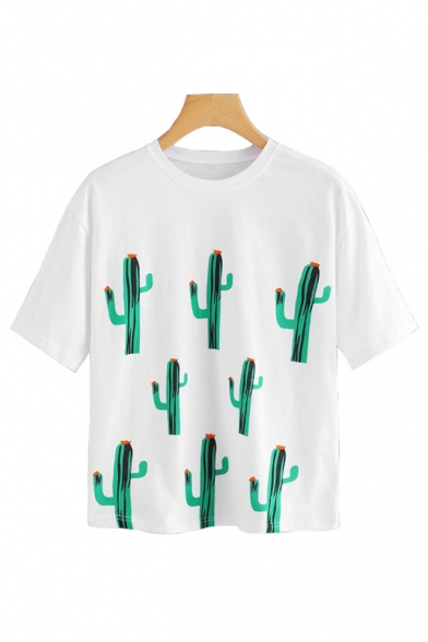 Loose Cactus Printed Round Neck Short Sleeve Tee