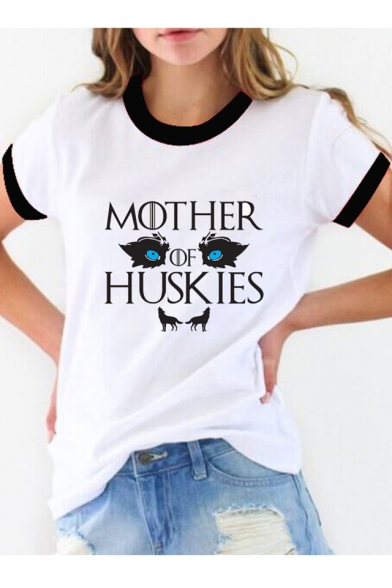 MOTHER OF HUSKIES Letter Animal Printed Contrast Trim Round Neck Short Sleeve Tee