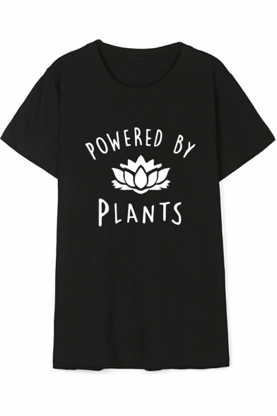 POWERED BY PLANTS Letter Floral Printed Round Neck Short Sleeve Tee
