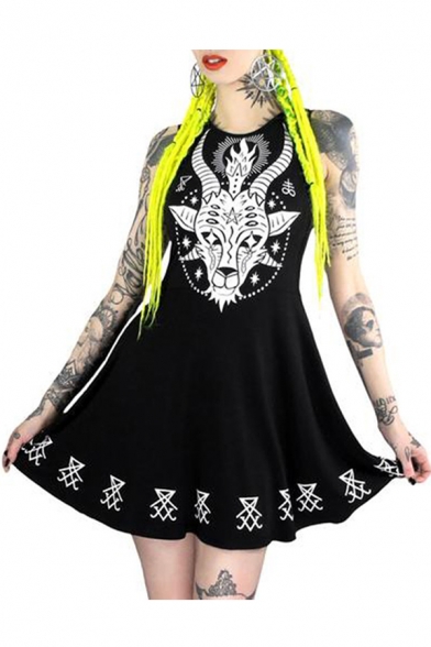 Punk Style Goat Printed Round Neck Sleeveless Mini A-Line Dress