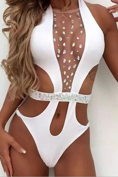 Sexy Diamante Embellished Mesh Insert Hollow Out One Piece Swimwear
