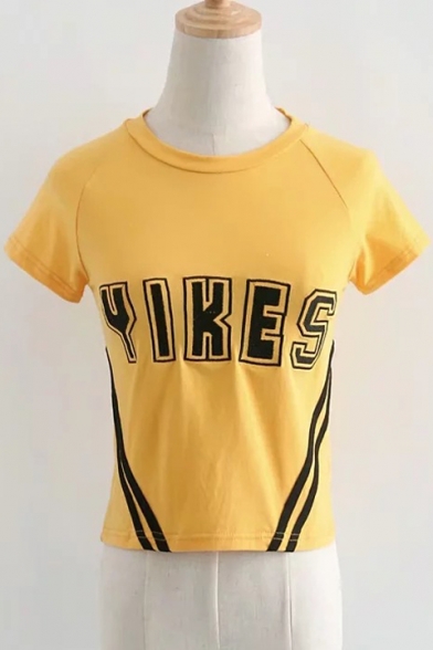 YIKES Letter Contrast Striped Printed Round Neck Short Sleeve Crop Tee