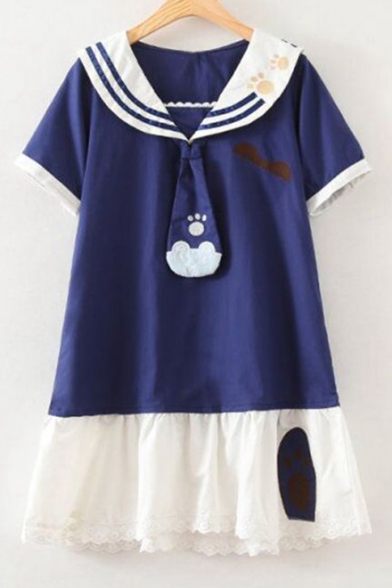 Cat's Paw Embroidered Navy Collar Short Sleeve Patchwork Mini A-Line Dress