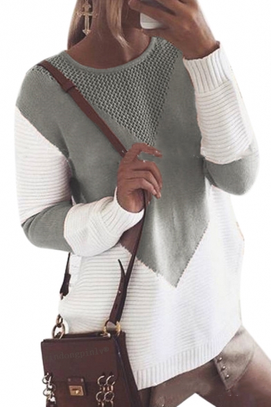 Color Block Round Neck Long Sleeve Leisure Sweater