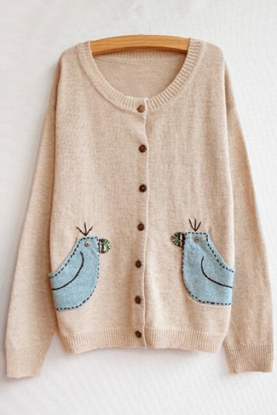 Cute Animal Pattern Applique Round Neck Buttons Down Long Sleeve Cardigan