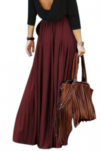 Elegant Elastic Waist Plain Loose Maxi A-Line Skirt