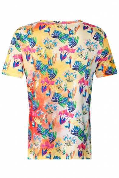 Flamingo Bird Floral Letter Printed Round Neck Short Sleeve Tee