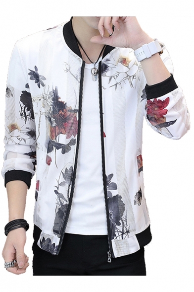 Floral Printed Mesh Insert Stand Up Collar Long Sleeve Zip Up Sun Proof Coat