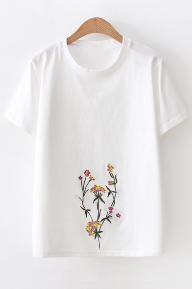 Leisure Floral Embroidered Round Neck Short Sleeve Tee