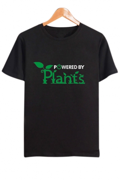 POWERED BY PLANTS Letter Leaf Printed Round Neck Short Sleeve Tee