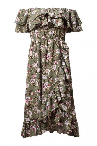 Ruffle Detail Floral Printed Off The Shoulder Short Sleeve Midi Asymmetric Dress
