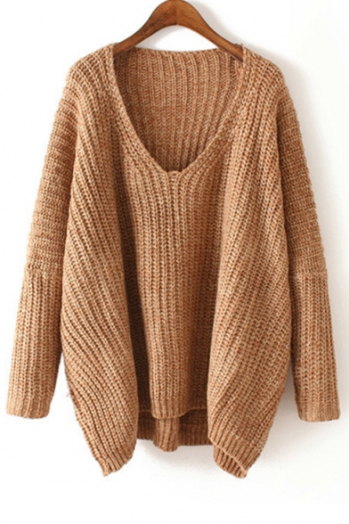 V Neck Long Sleeve Plain Pullover Sweater