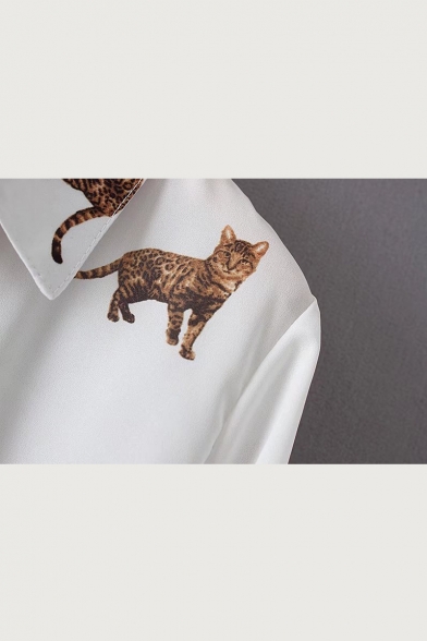 Cats Printed Lapel Collar Long Sleeve Buttons Down Shirt