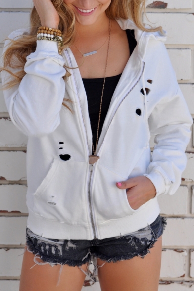 Cut Out Detail Plain Long Sleeve Zip Up Hooded Coat