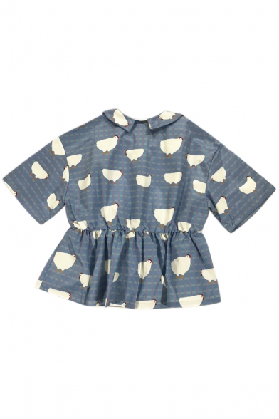 Doll Collar Chicken Printed Buttons Down Short Sleeve Blouse