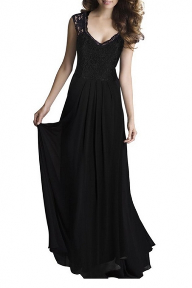 Elegant V Neck Lace Insert Sleeveless Maxi A-Line Party Dress