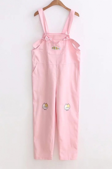 Fish Cat Embroidered Straps Sleeveless Overall Jumpsuit