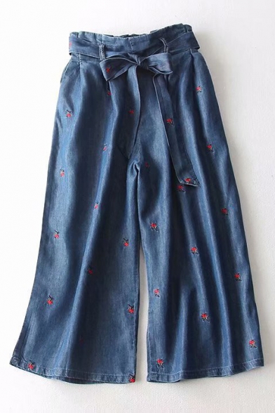 Floral Embroidered Bow Tied Elastic Waist Loose Jeans