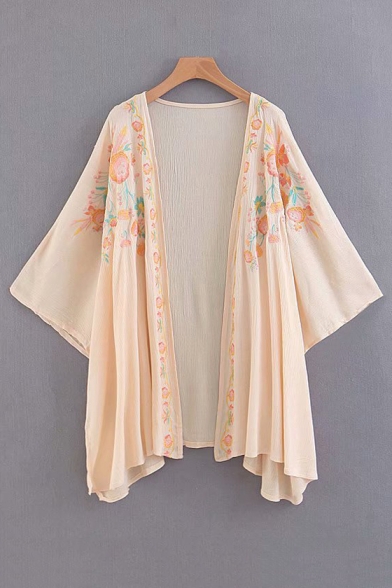 Floral Embroidered Collarless Long Sleeve Tunic Kimono