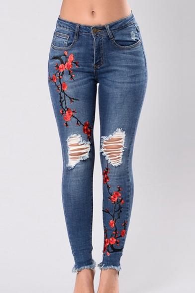 Floral Embroidered Cut Out Detail Jeans