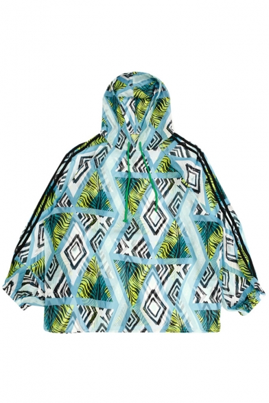 Geometric Leaf Printed Contrast Striped Long Sleeve Hooded Sun Proof Tunic Coat