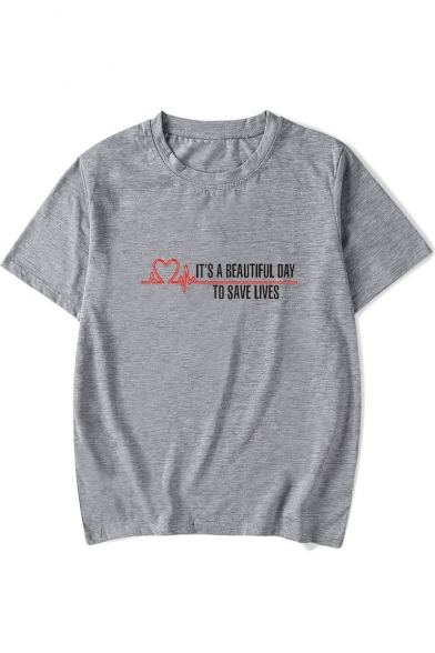 Heart Pattern IT'S A BEAUTIFUL DAY Letter Printed Round Neck Short Sleeve Tee