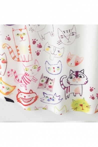 Leisure Cartoon Cat Printed Round Neck Short Sleeve Tee