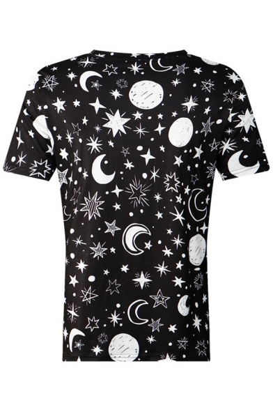 Moon Star Triangle Letter Printed Round Neck Short Sleeve Tee