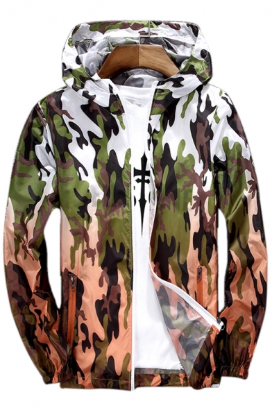 Ombre Camouflage Printed Long Sleeve Zip Up Hooded Coat