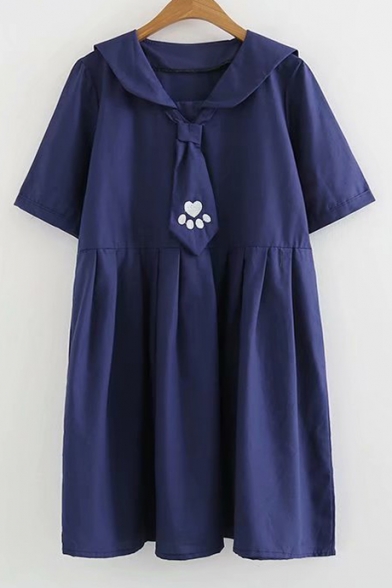 Paw Embroidered Navy Collar Short Sleeve Mini Smock Dress