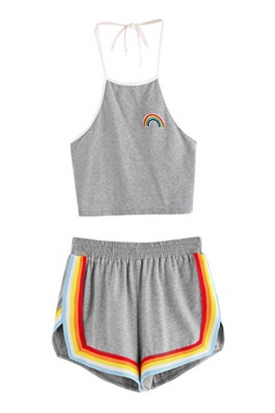 Rainbow Striped Printed Halter Sleeveless Crop Cami with Elastic Waist Loose Shorts Co-ords