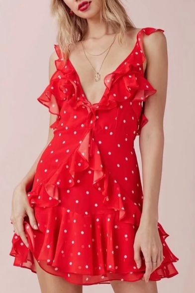 Sexy Plunge Neck Polka Dot Printed Ruffle Detail Sleeveless Mini A-Line Dress