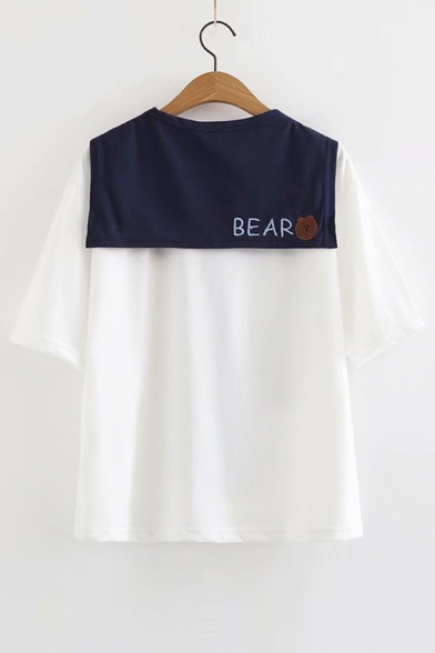 Bear Letter Embroidered Sailor Collar Short Sleeve Tee