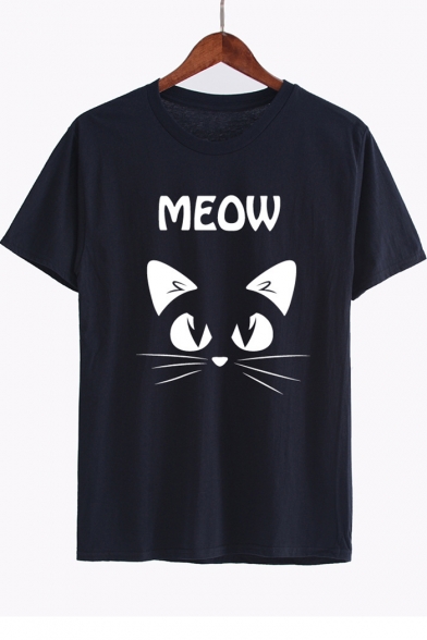 Cat MEOW Letter Printed Round Neck Short Sleeve Tee