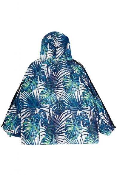Chic Leaf Contrast Striped Printed Long Sleeve Hooded Sun Proof Coat