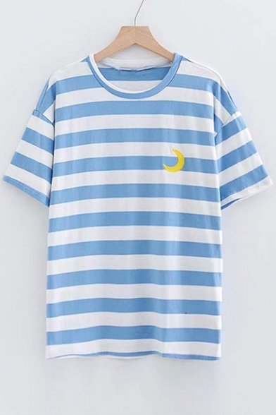 Cloud Sun Moon Embroidered Round Neck Short Sleeve Striped Tee