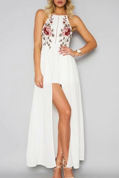 Floral Embroidered Hollow Out Crisscross Back Sleeveless Split Front Maxi Cami Dress