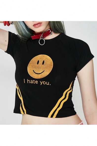 I HATE U Letter Smile Face Contrast Striped Printed Round Neck Short Sleeve Crop Tee