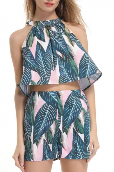 Leaf Printed Halter Sleeveless Crop Tank with Loose Shorts Co-ords