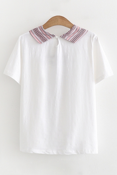 Letter Embroidered Striped Printed Tie Embellished Round Neck Short Sleeve Tee