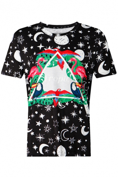 Moon Star Triangle Letter Printed Round Neck Short Sleeve Tee