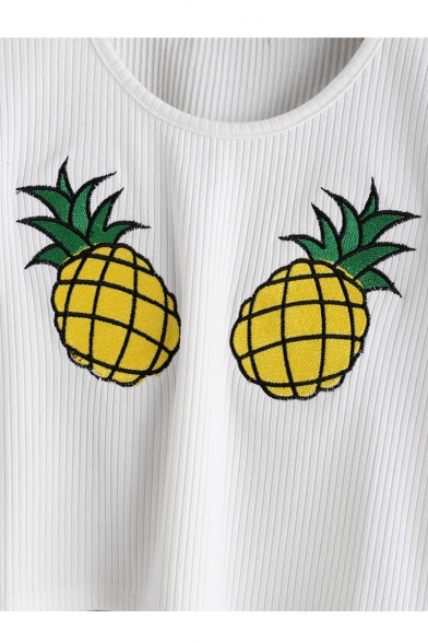 Pineapple Embroidered Round Neck Short Sleeve Ribbed Crop Tee