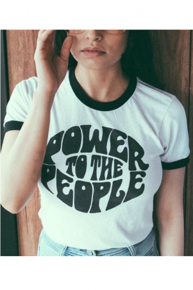 POWER TO THE PEOPLE Letter Contrast Round Neck Short Sleeve Tee