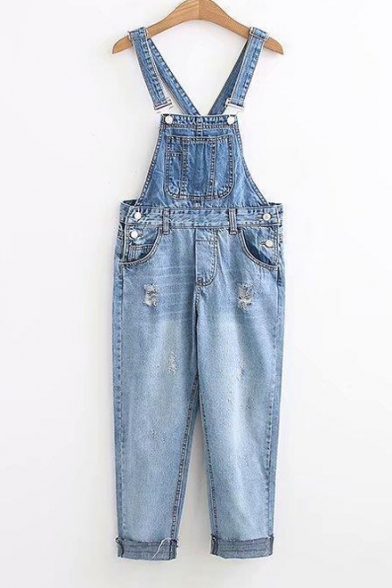Ripped Detail Straps Sleeveless Loose Overall Denim Jumpsuit