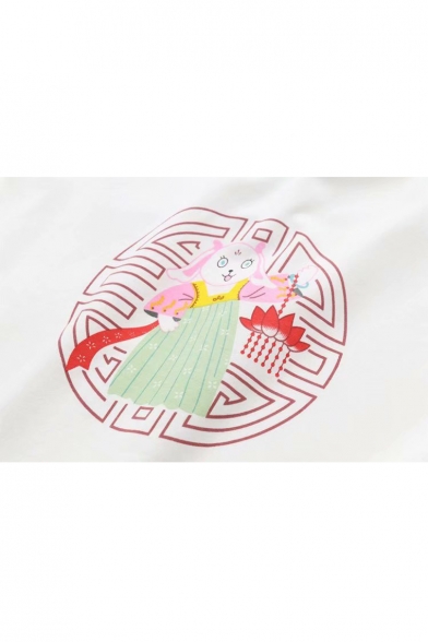 Tassel Pendant Embellished Rabbit Printed Round Neck Short Sleeve Tee