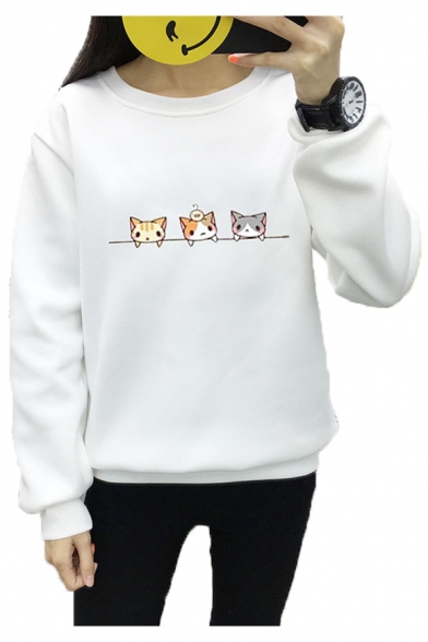 Three Cats Printed Round Neck Long Sleeve Sweatshirt